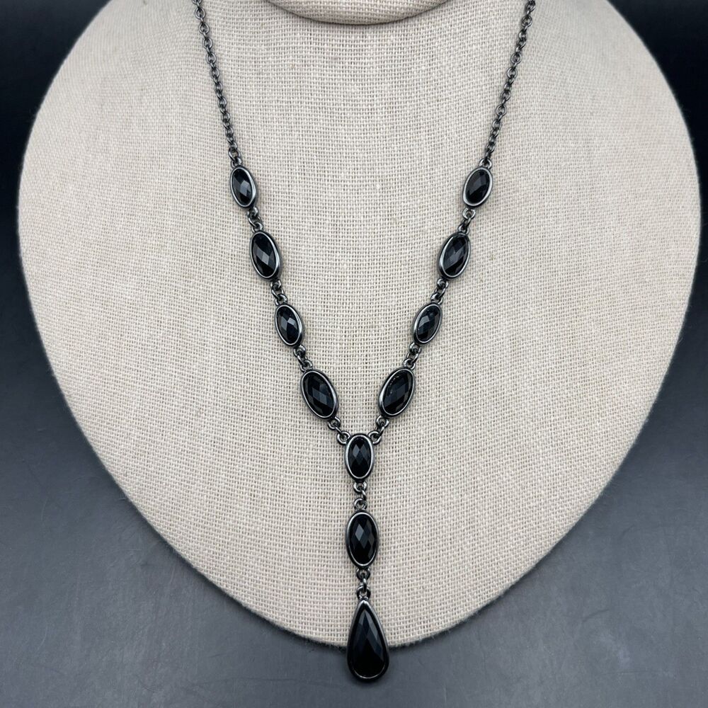 Trifari Y Drop Necklace Gunmetal Black Acrylic Elegant Feminine Retro Style